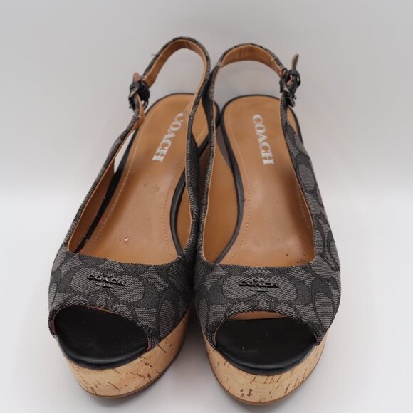 Women's Coach Ferry Logo Signature Wedge Gray/Black Buckle Sandals Size 9B - Picture 2 of 10